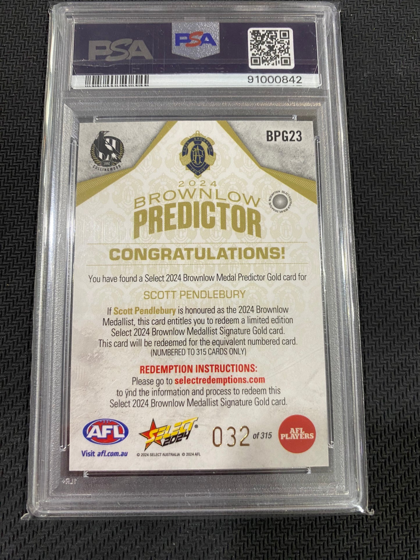 2024 AFL Select - Scott Pendlebury - PSA 10 - Brownlow Predictor Gold 32/315