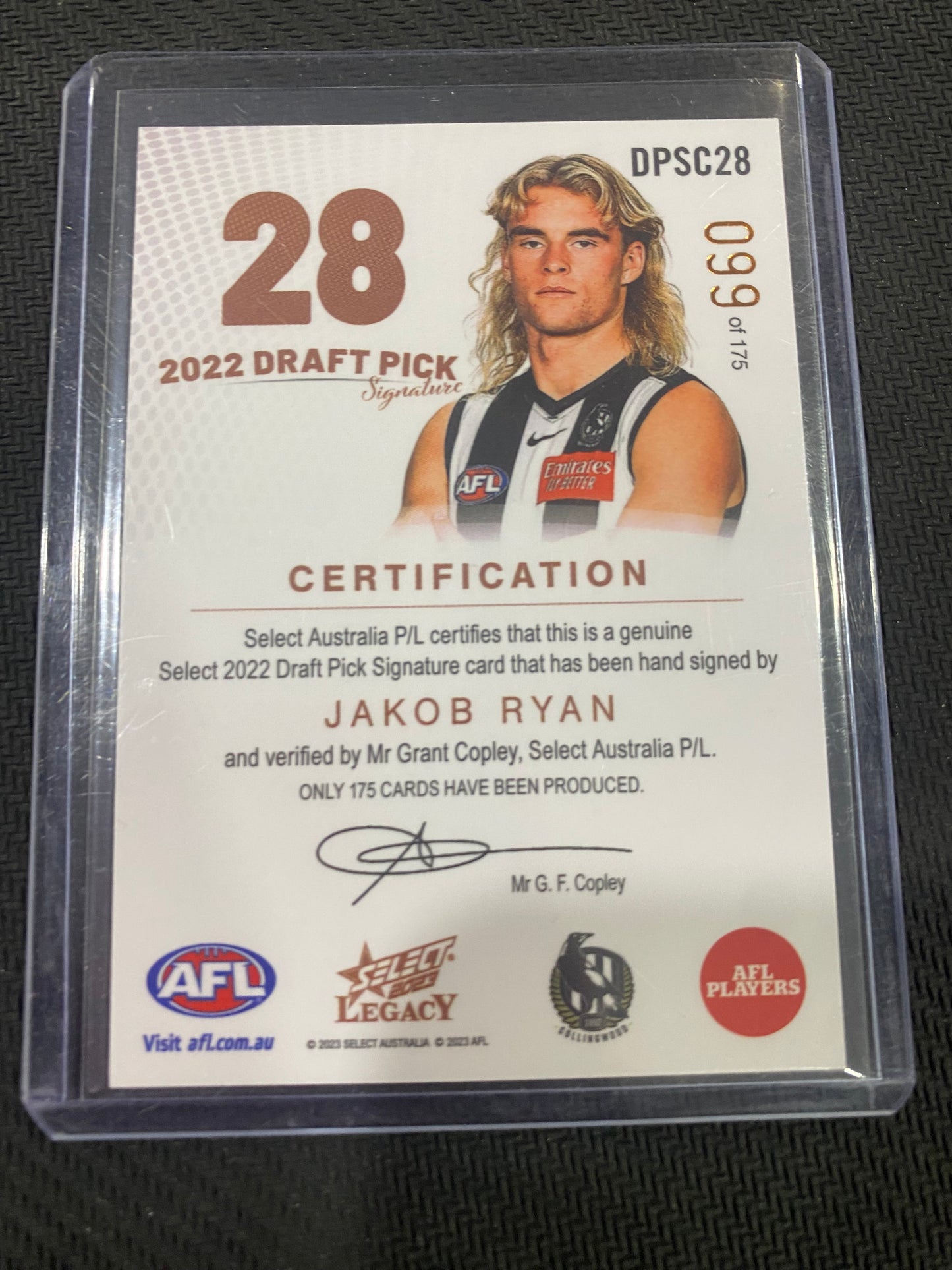 2023 AFL Select Legacy - Jakob Ryan - Draft Pick Signature Copper 099/175