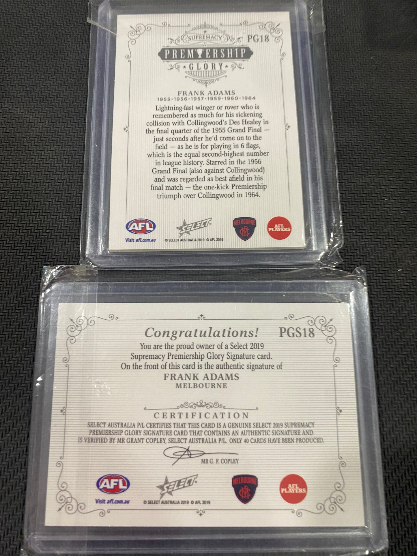 2019 AFL Select Supremacy - Bundle - Frank Adam’s - Premiership Glory Insert 05/40 & Premiership Glory Signature 09/40