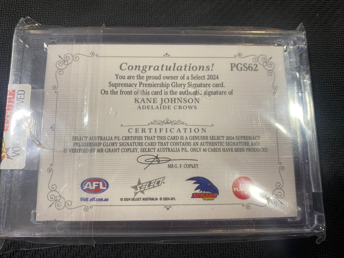 2019 AFL Select Supremacy - Kane Johnson - Premiership Glory Signature 30/40