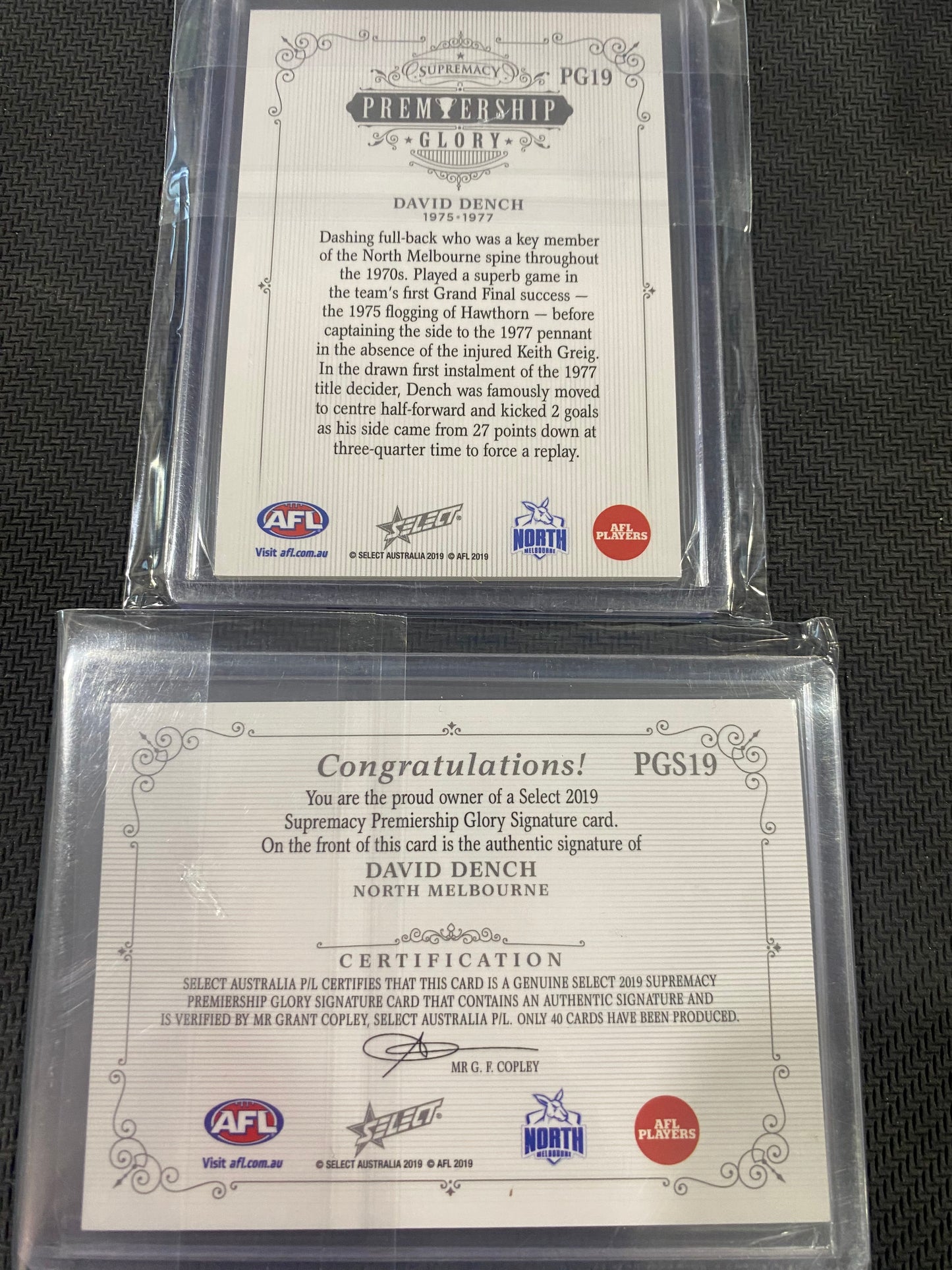 2019 AFL Select - Bundle - David Dench - Premiership Glory Insert 15/40 & Premiership Glory Signature 23/40
