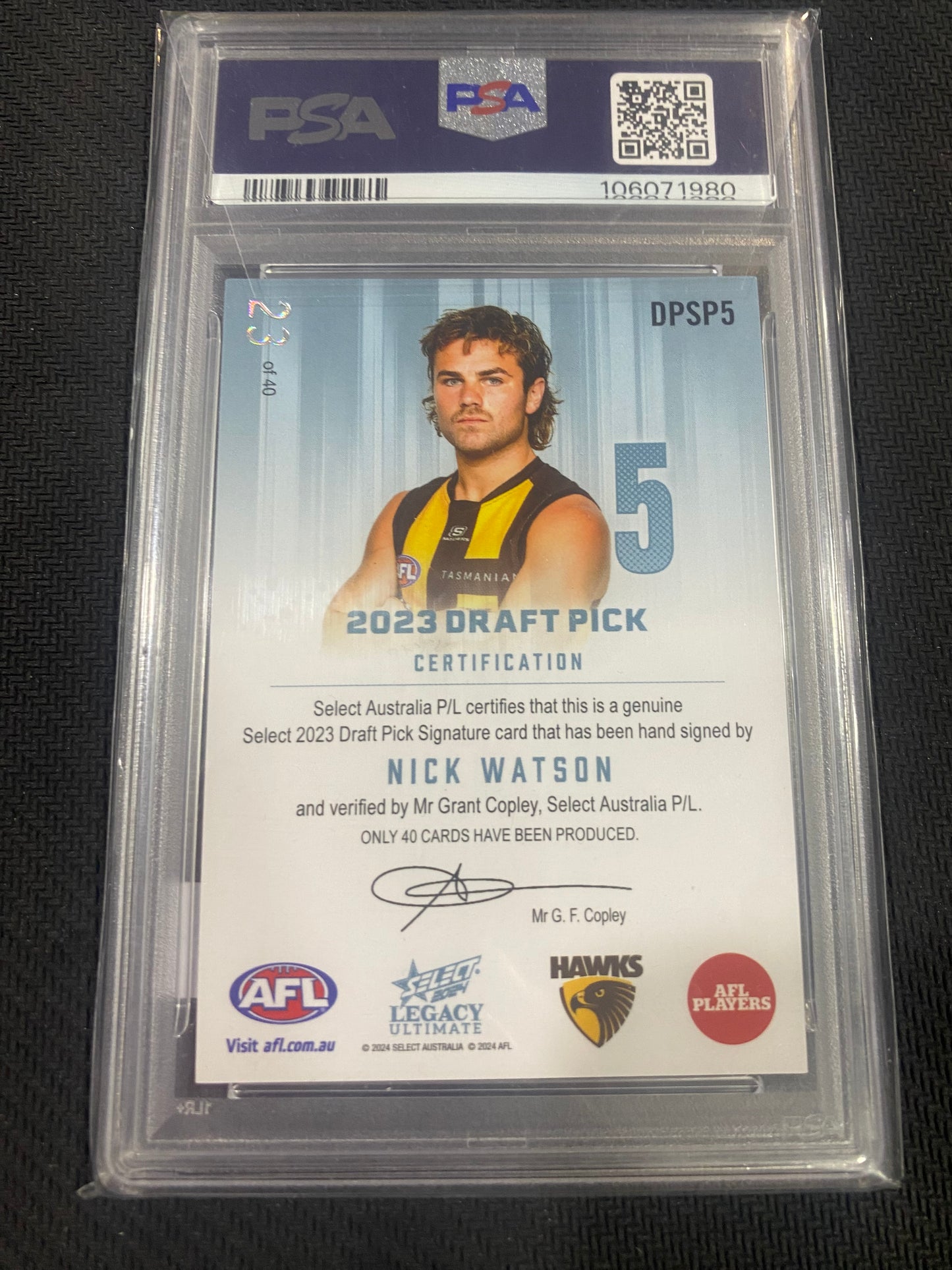 2024 AFL Select Legacy Ultimate - Nick Watson - PSA Auto 10 - Draft Pick Signature Platinum 23/40