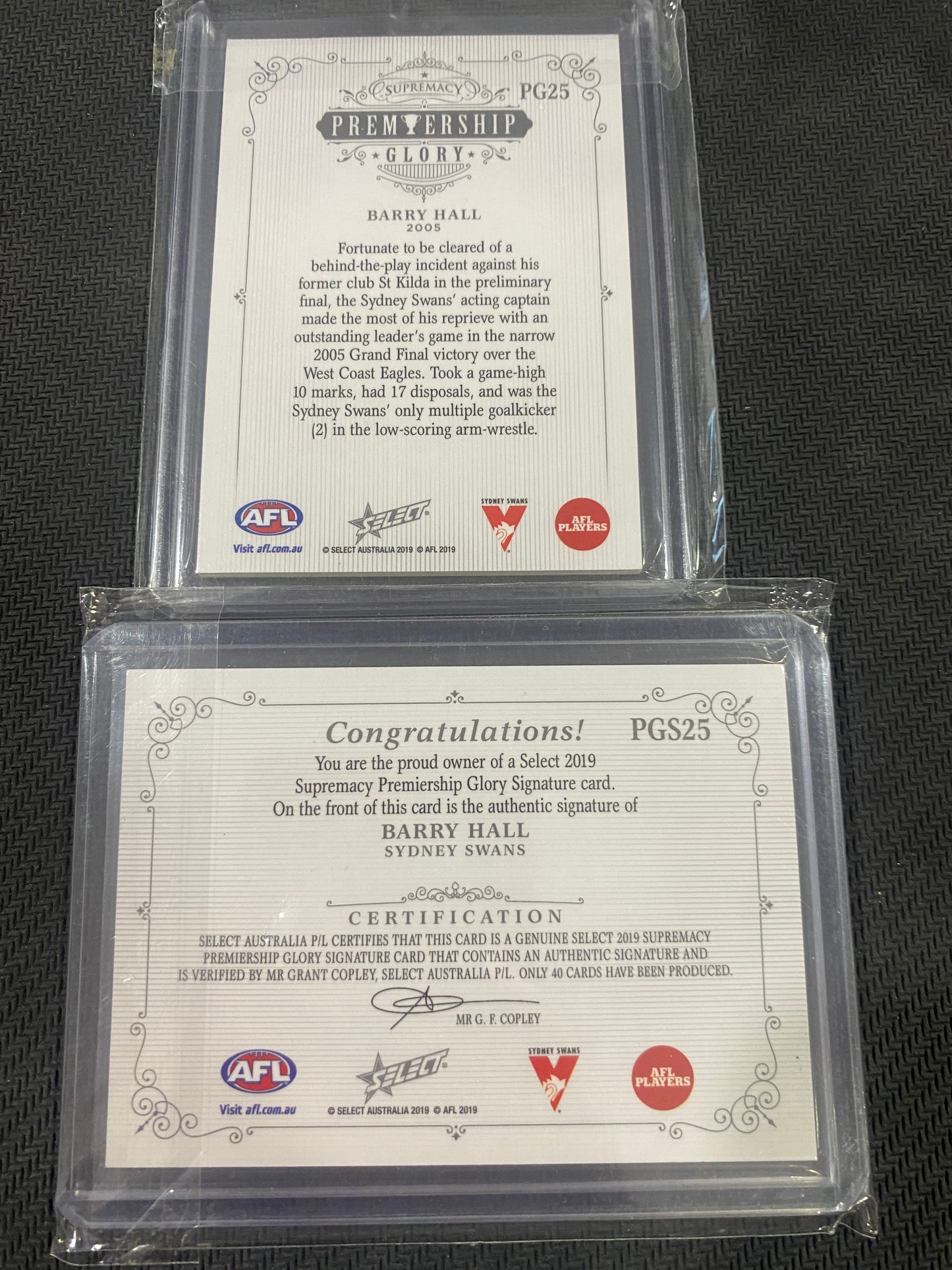 2019 AFL Select Supremacy - Bundle - Barry Hall - Premiership Glory Insert 02/40 & Premiership Glory Signature 27/40