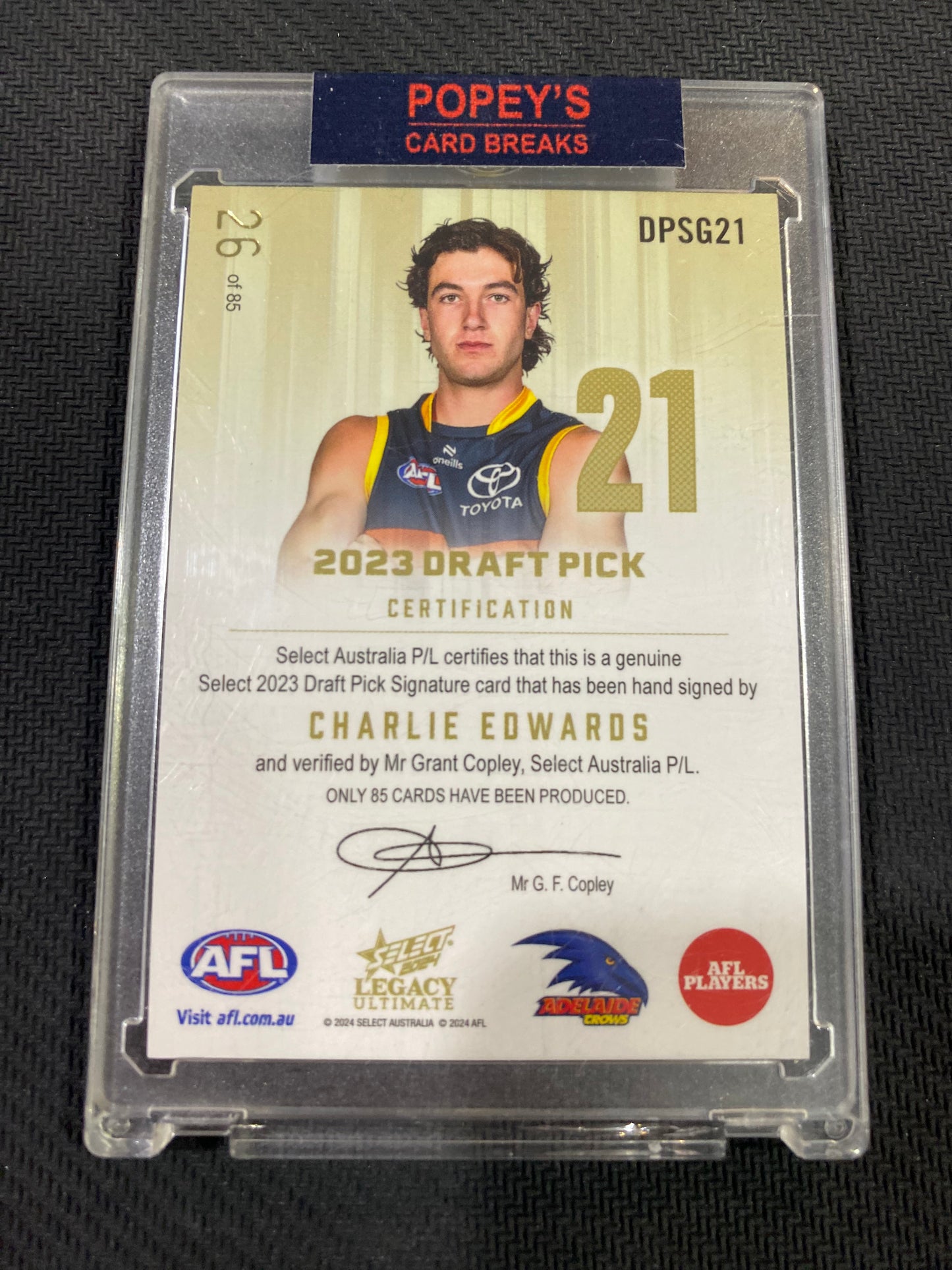 2024 AFL Select Legacy Ultimate - Charlie Edwards - Draft Pick Signature Gold 26/85