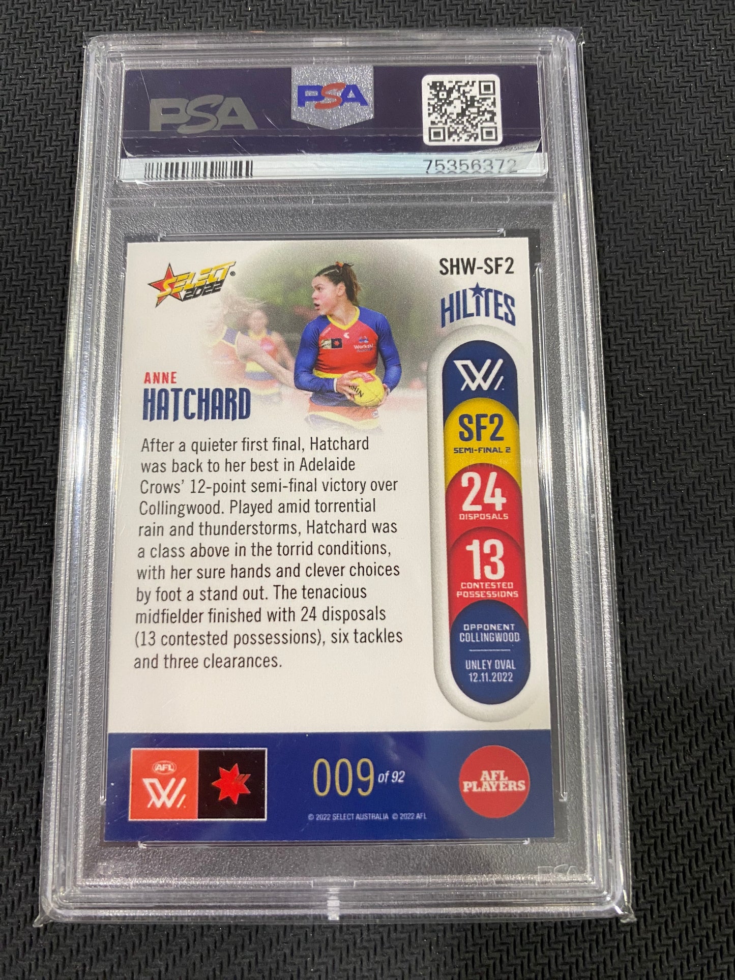 2022 AFLW Select - Anne Hatchard - PSA 10 - Season 7 Hilites 9/92