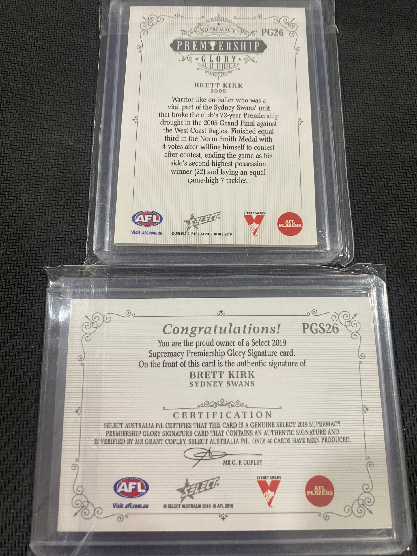 2019 AFL Select Supremacy - Bundle - Brett Kirk - Premiership Glory Insert 13/40 & Premiership Glory Signature 19/40