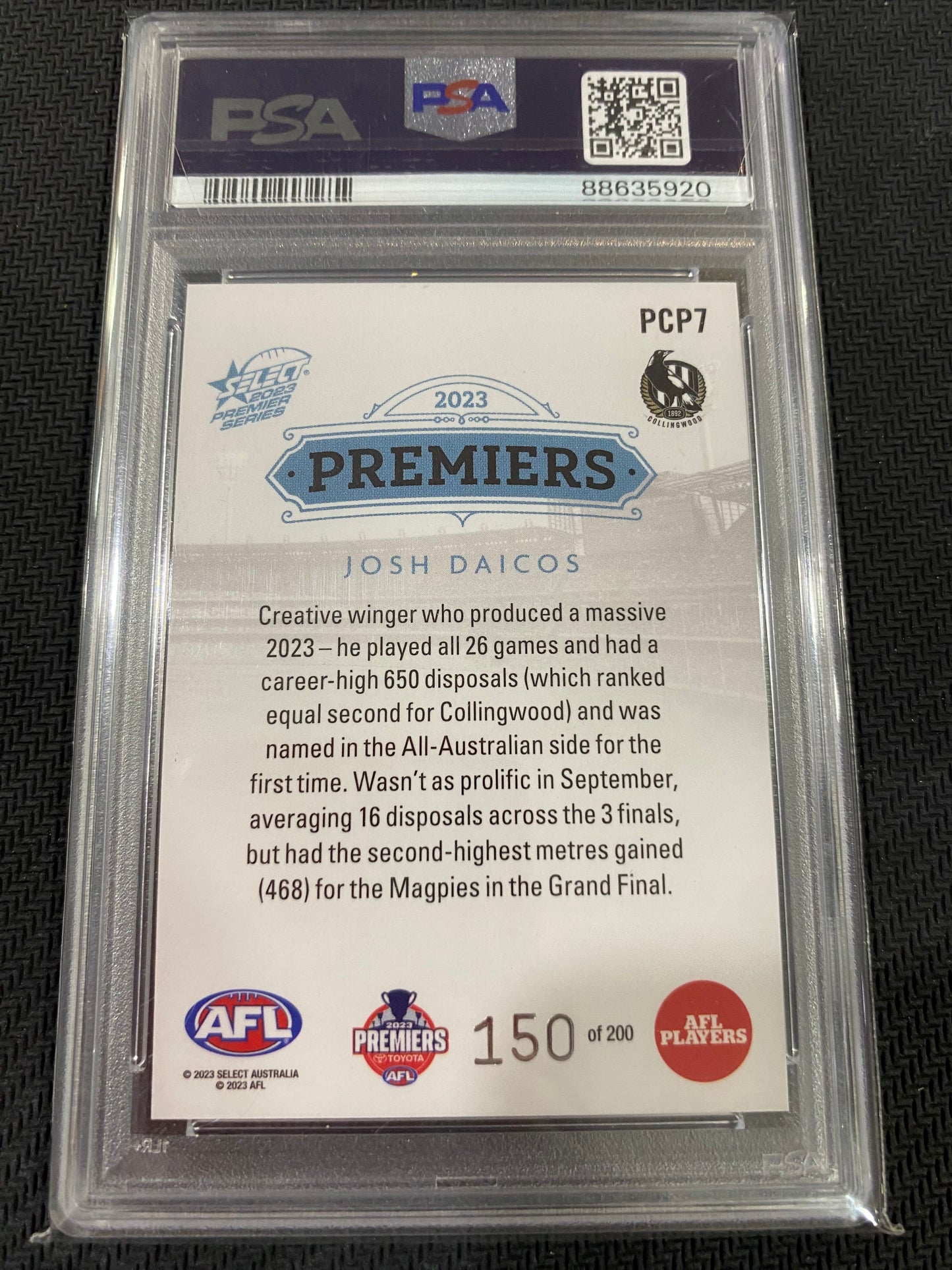 2023 AFL Select - Josh Daicos - PSA 10 - Limited Edition Premiers Platinum 150/200