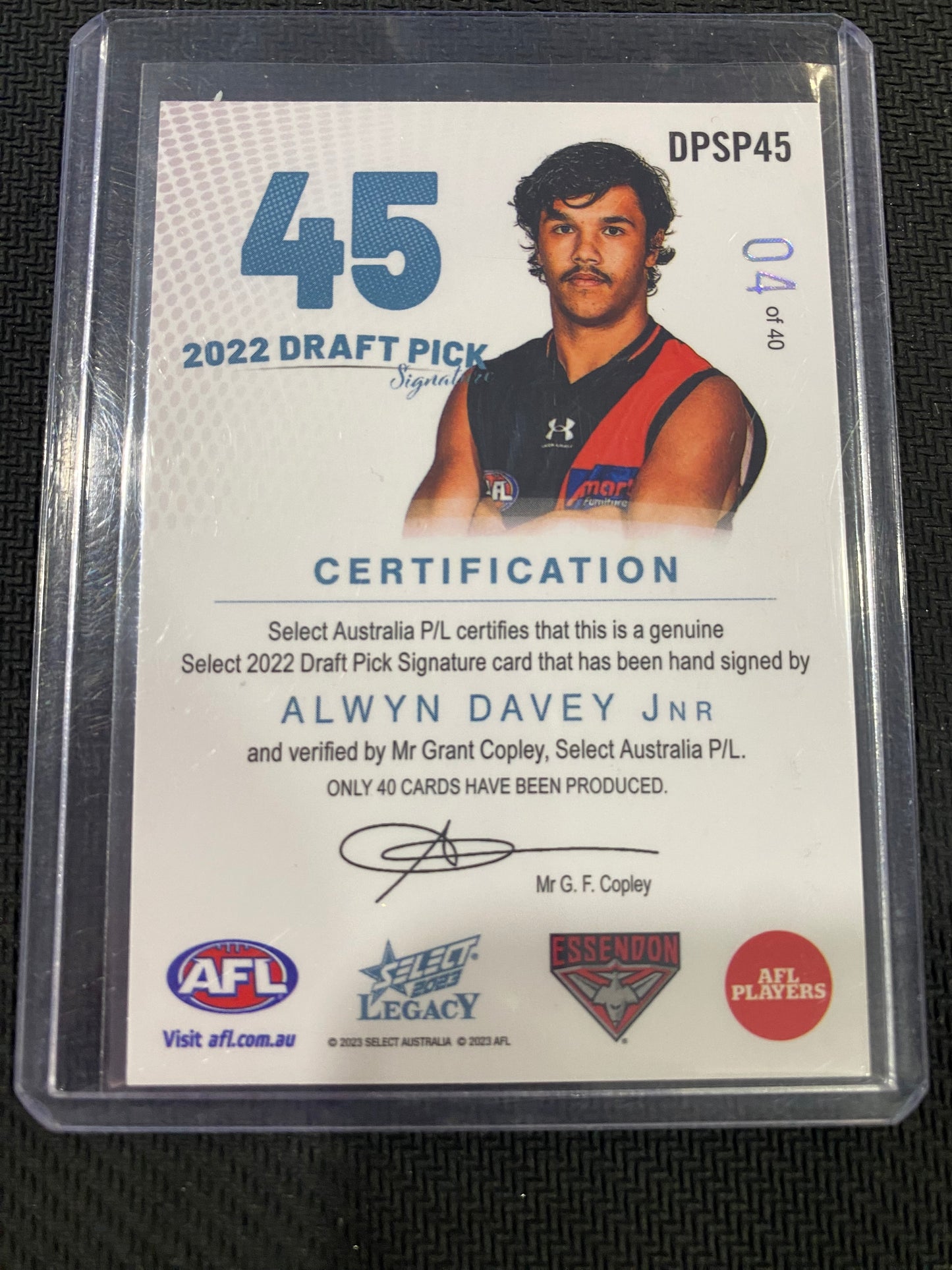 2023 AFL Select Legacy - Alwyn Davey Jnr - Draft Pick Signature Platinum 04/40