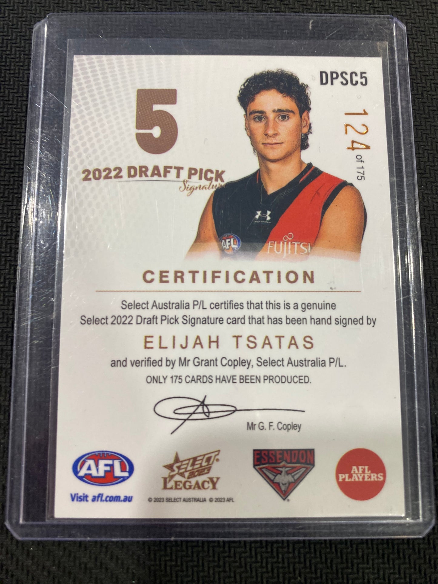 2023 AFL Select Legacy - Elijah Tsatas - Draft Pick Signature Copper 124/175