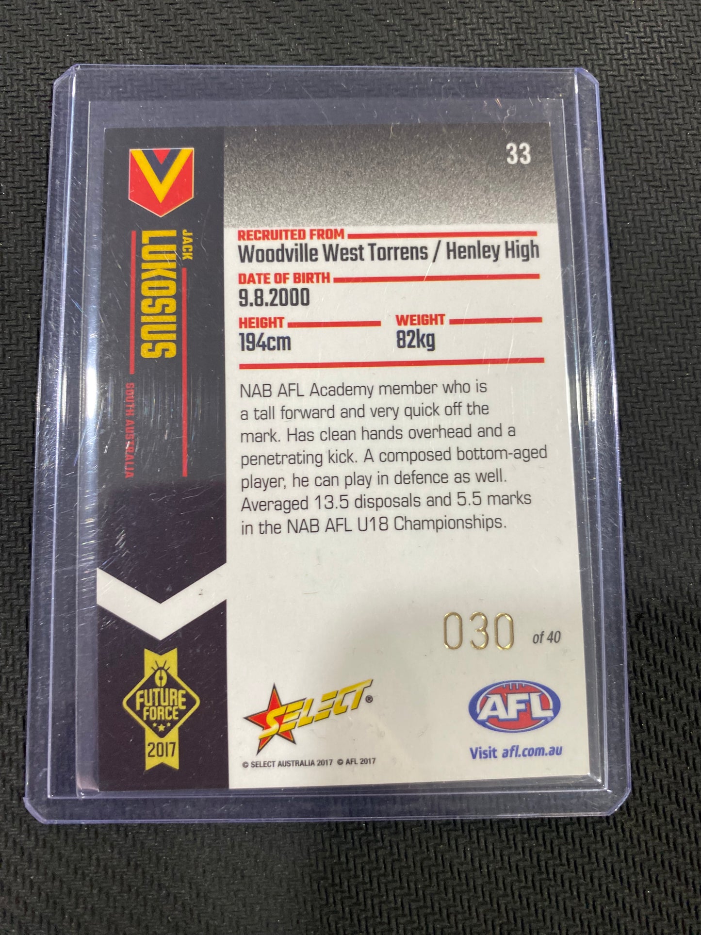 2017 AFL Select Future Force - Jack Lukosius - Red 030/40