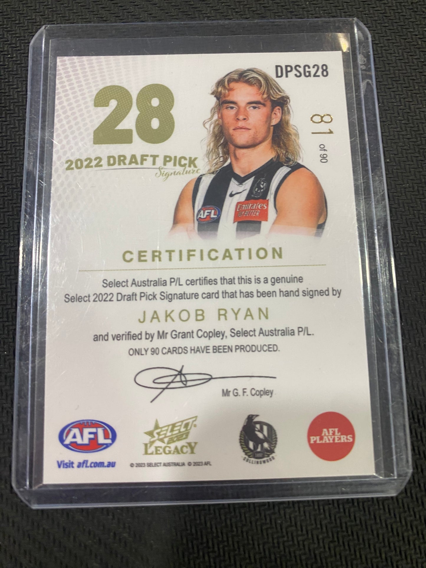 2024 AFL Select Legacy - Jakob Ryan - Draft Pick Signature Gold 81/90