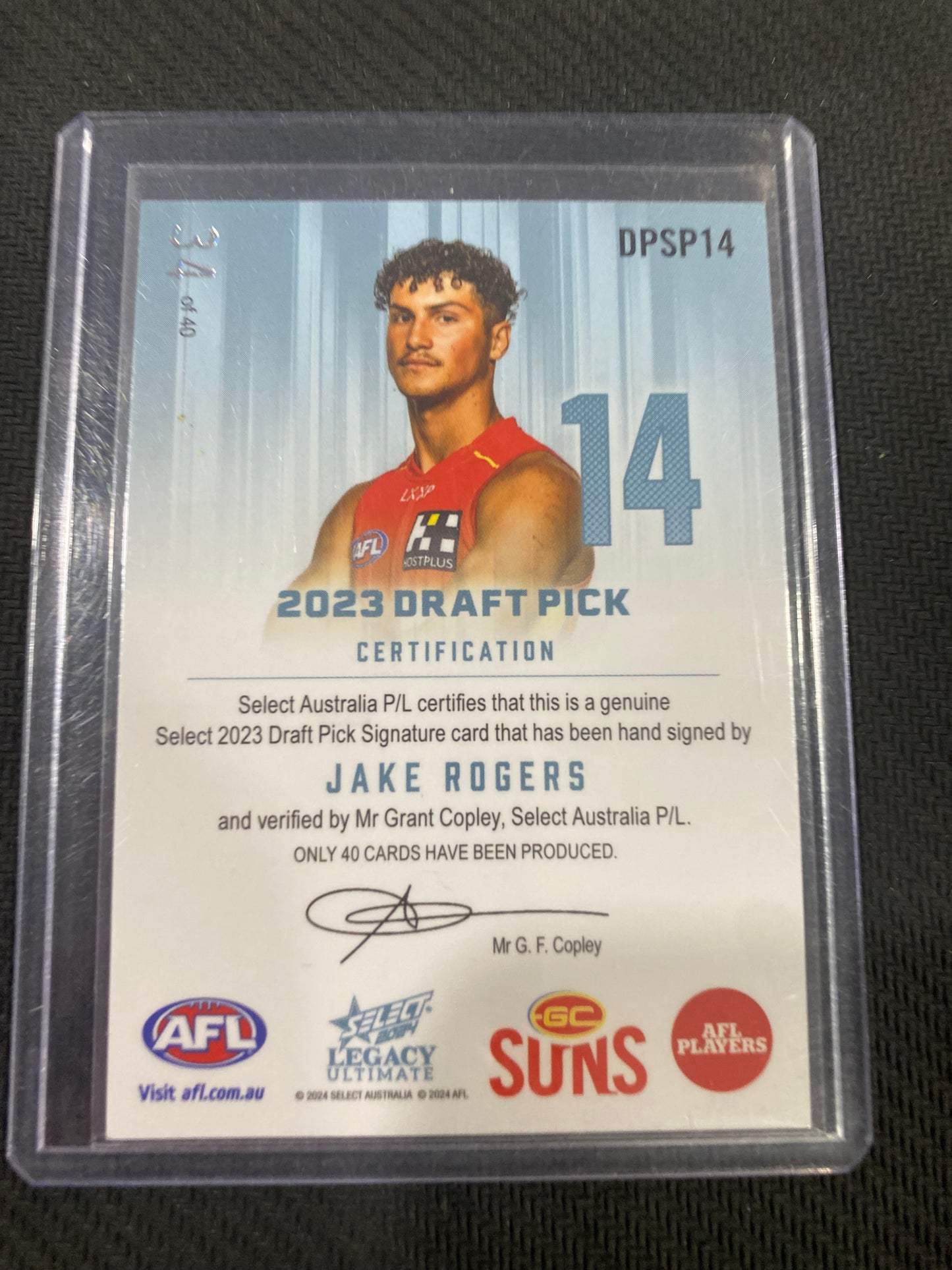 2024 AFL Select Legacy Ultimate - Jake Rogers - Draft Pick Signature Platinum 34/40