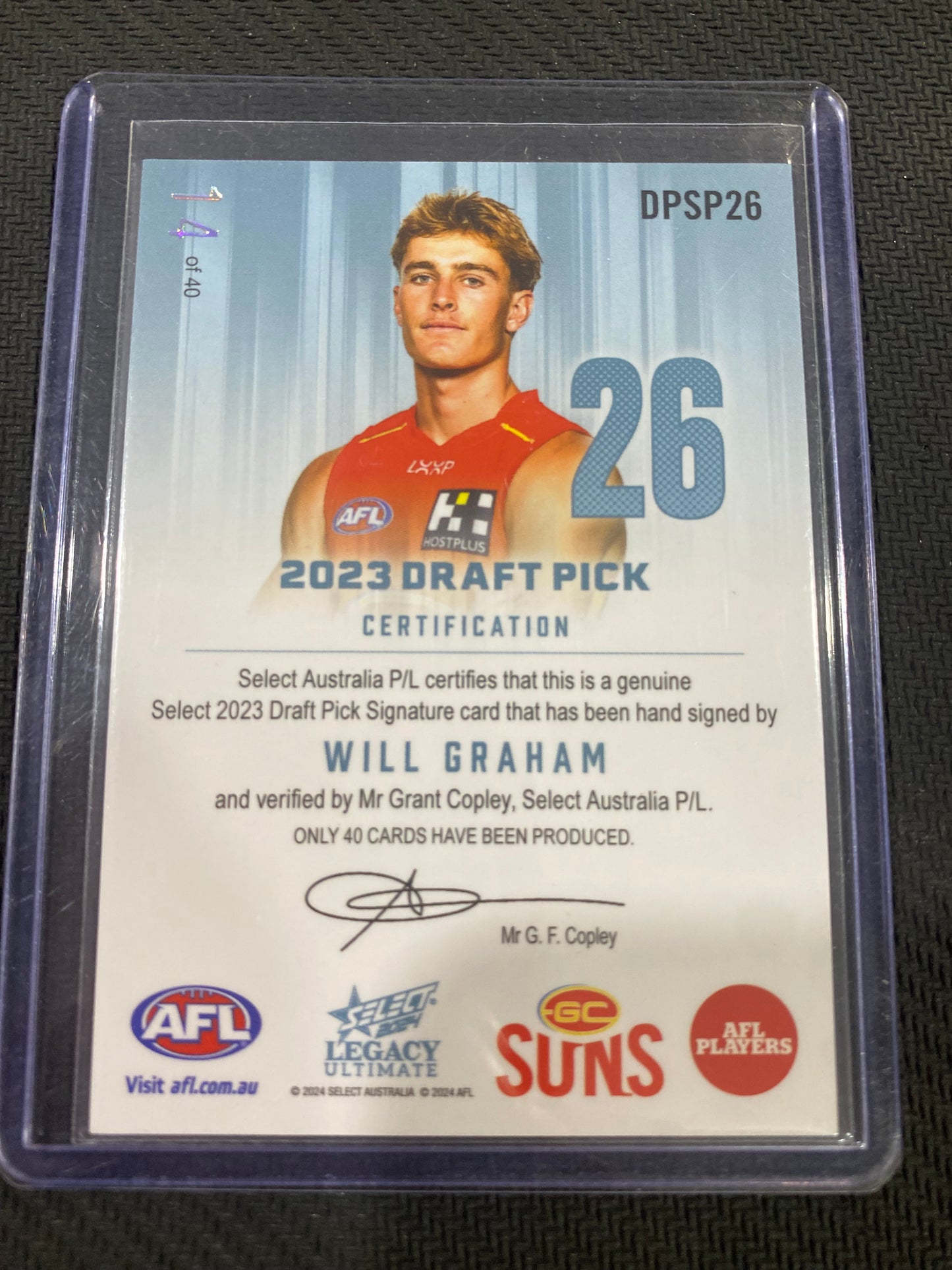 2024 AFL Select Legacy Ultimate - Will Graham - Draft Pick Signature Platinum 14/40