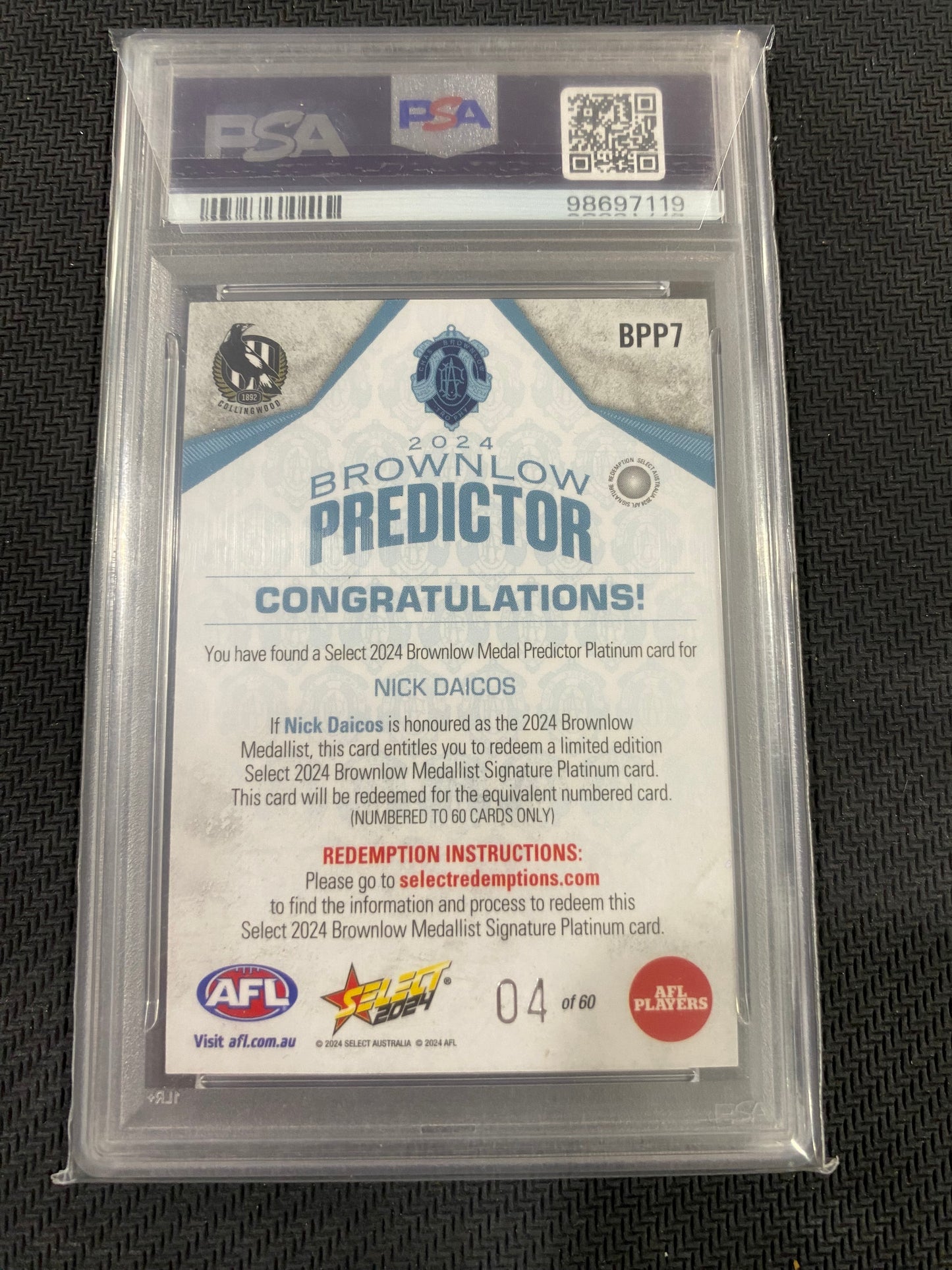 2024 AFL Select - Nick Daicos - PSA 10 - Brownlow Predictor Platinum 04/60