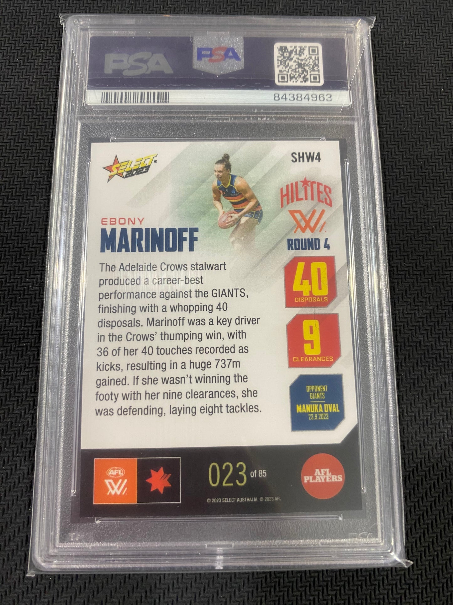 2023 AFLW Select - Ebony Marinoff - PSA 10 - Season 8 Hilites 23/85