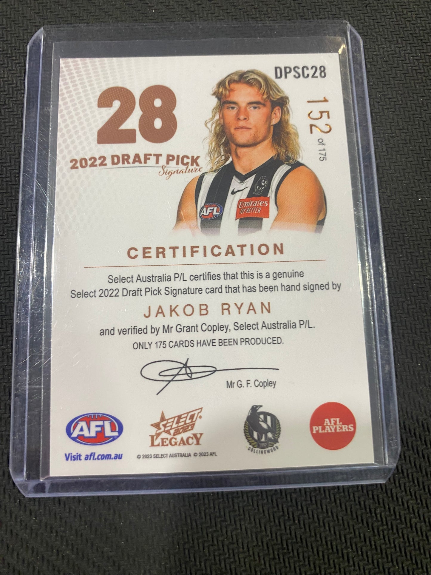 2023 AFL Select Legacy Ultimate - Jakob Ryan - Draft Pick Signature Copper 152/175