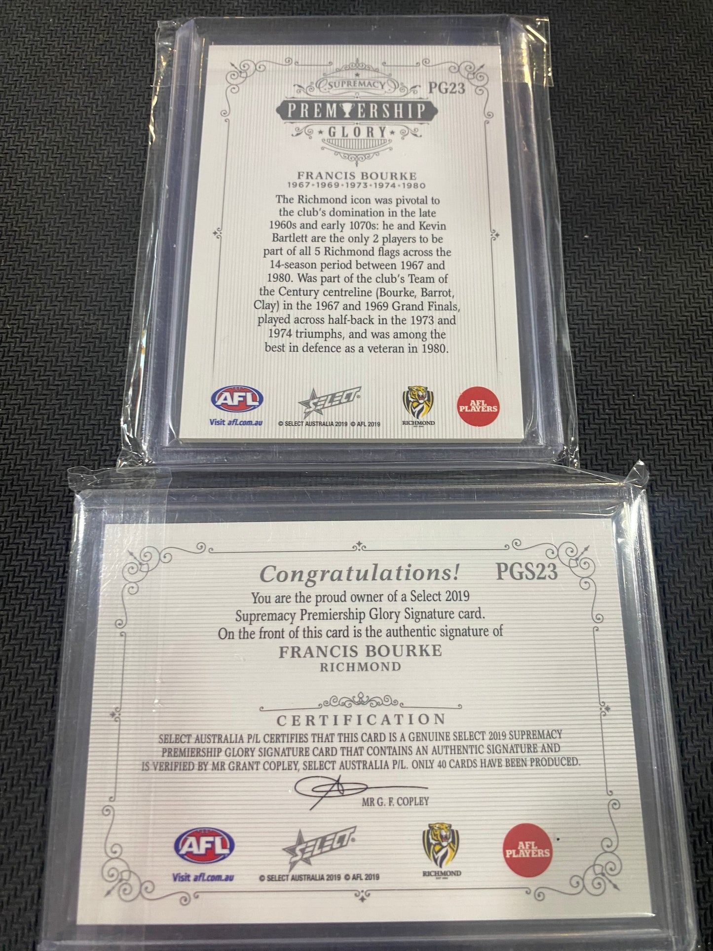2019 AFL Select Supremacy - Bundle - Francis Bourke - Premiership Glory Insert 27/40 & Premiership Glory Signature 07/40