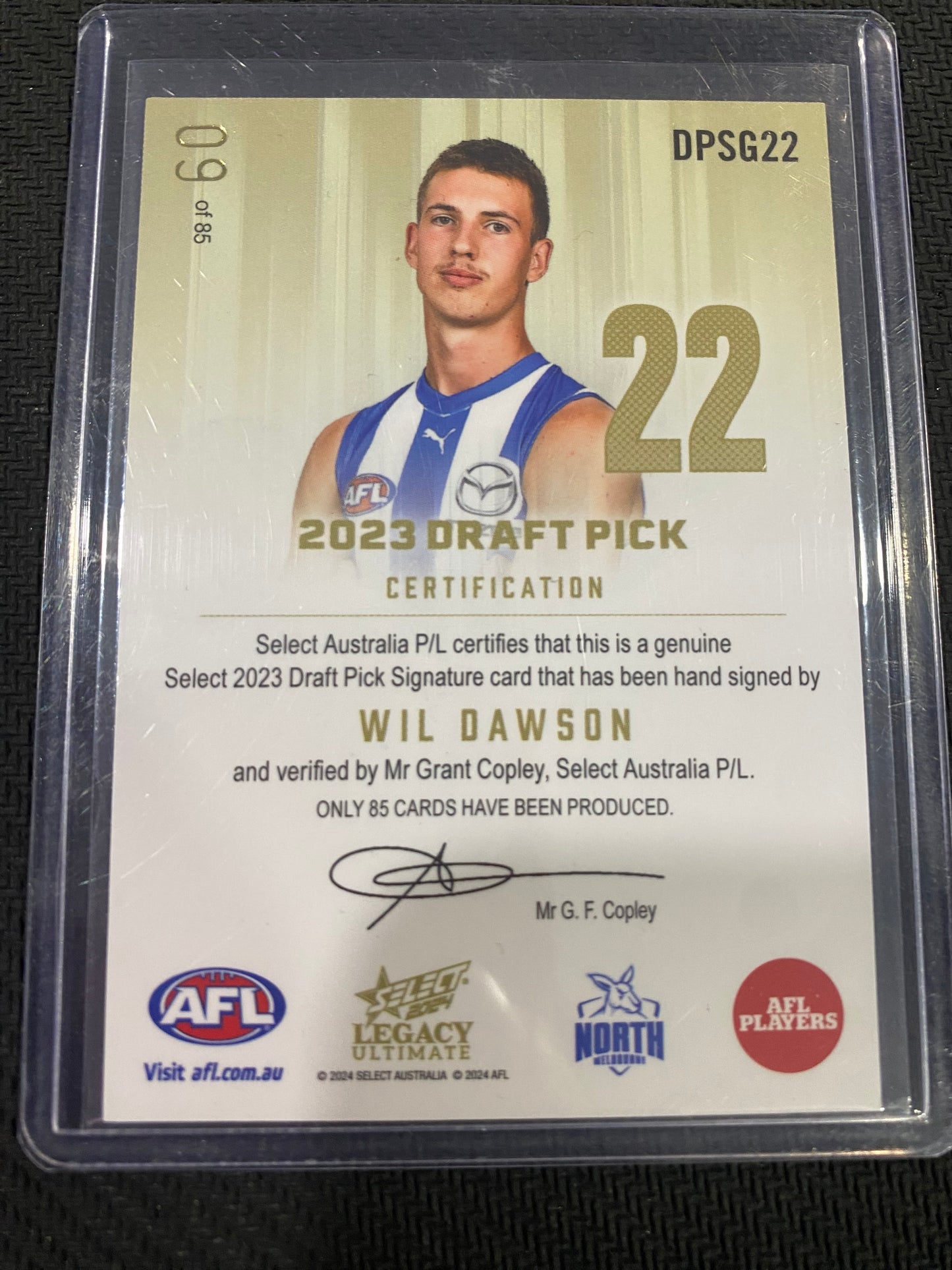 2024 AFL Select Legacy Ultimate - Wil Dawson - Draft Pick Signature Gold 09/85