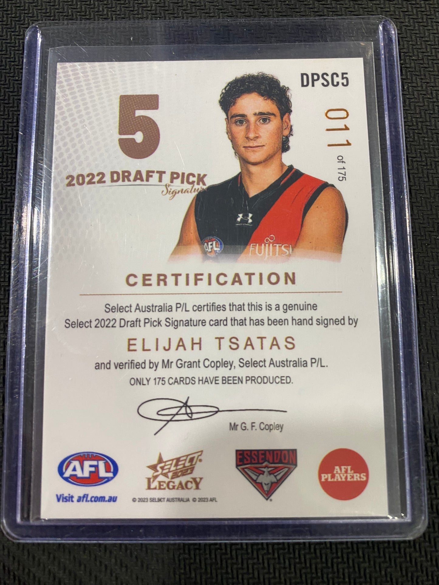 2023 AFL Select Legacy - Elijah Tsatas - Draft Pick Signature Copper 11/175