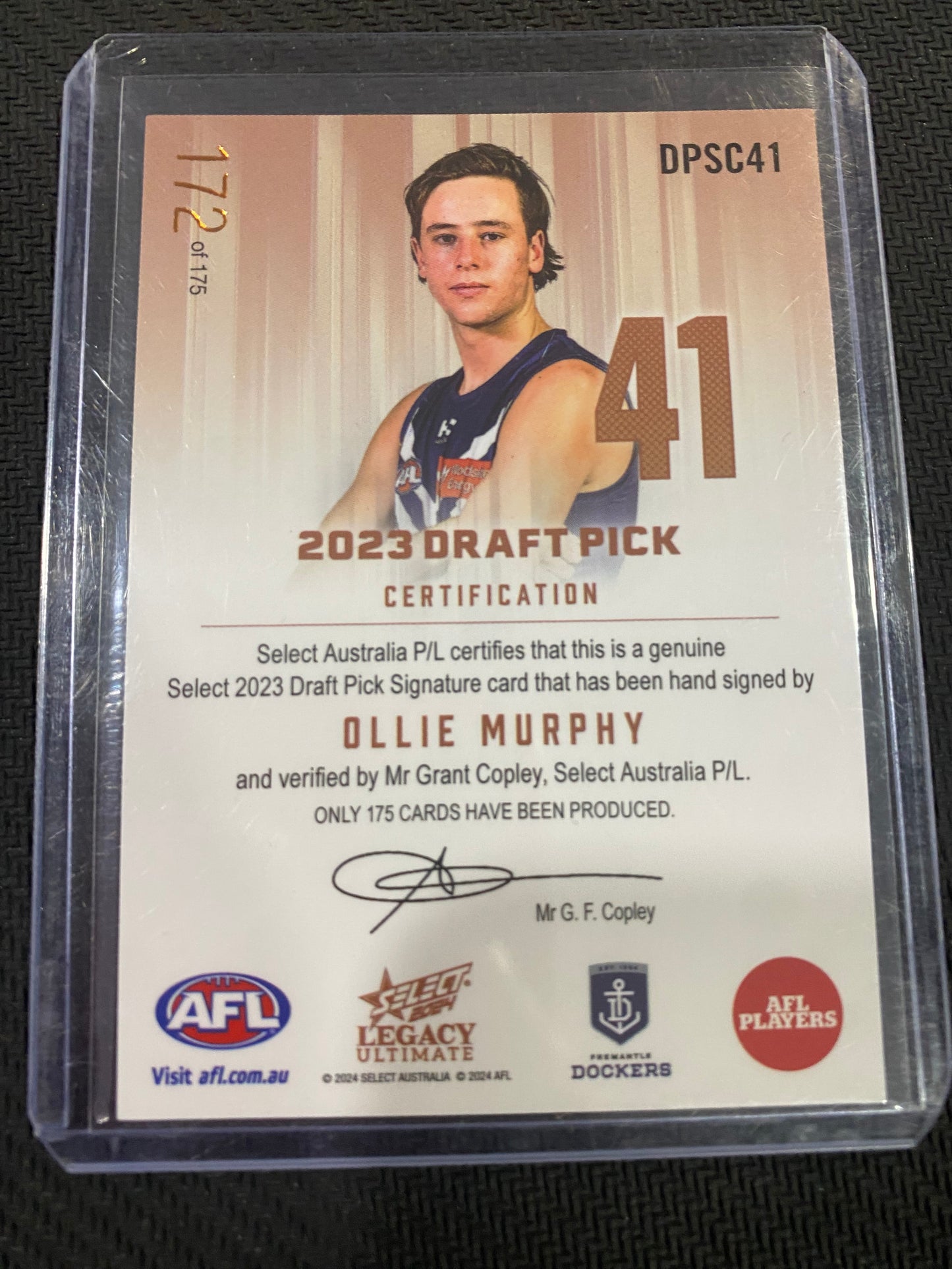 2024 AFL Select Legacy Ultimate - Ollie Murphy - Draft Pick Signature Copper 172/175