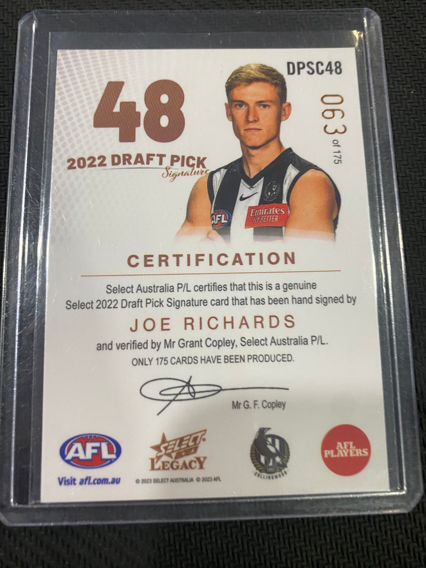 2023 AFL Select Legacy - Joe Richards - Draft Pick Signature Copper 063/175
