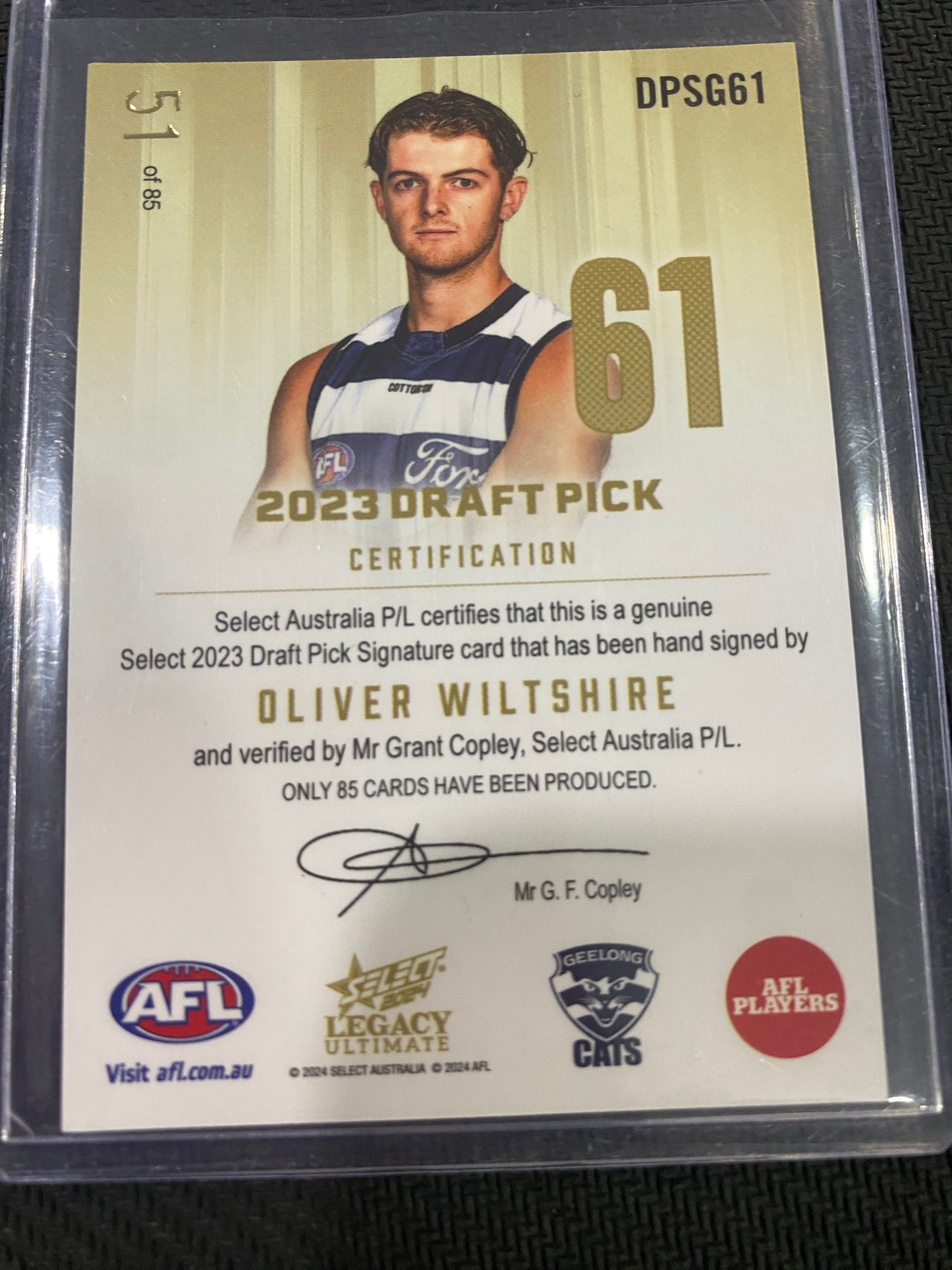 2024 AFL Select Legacy - Oliver Wiltshire - Draft Pick Signature Gold 51/85