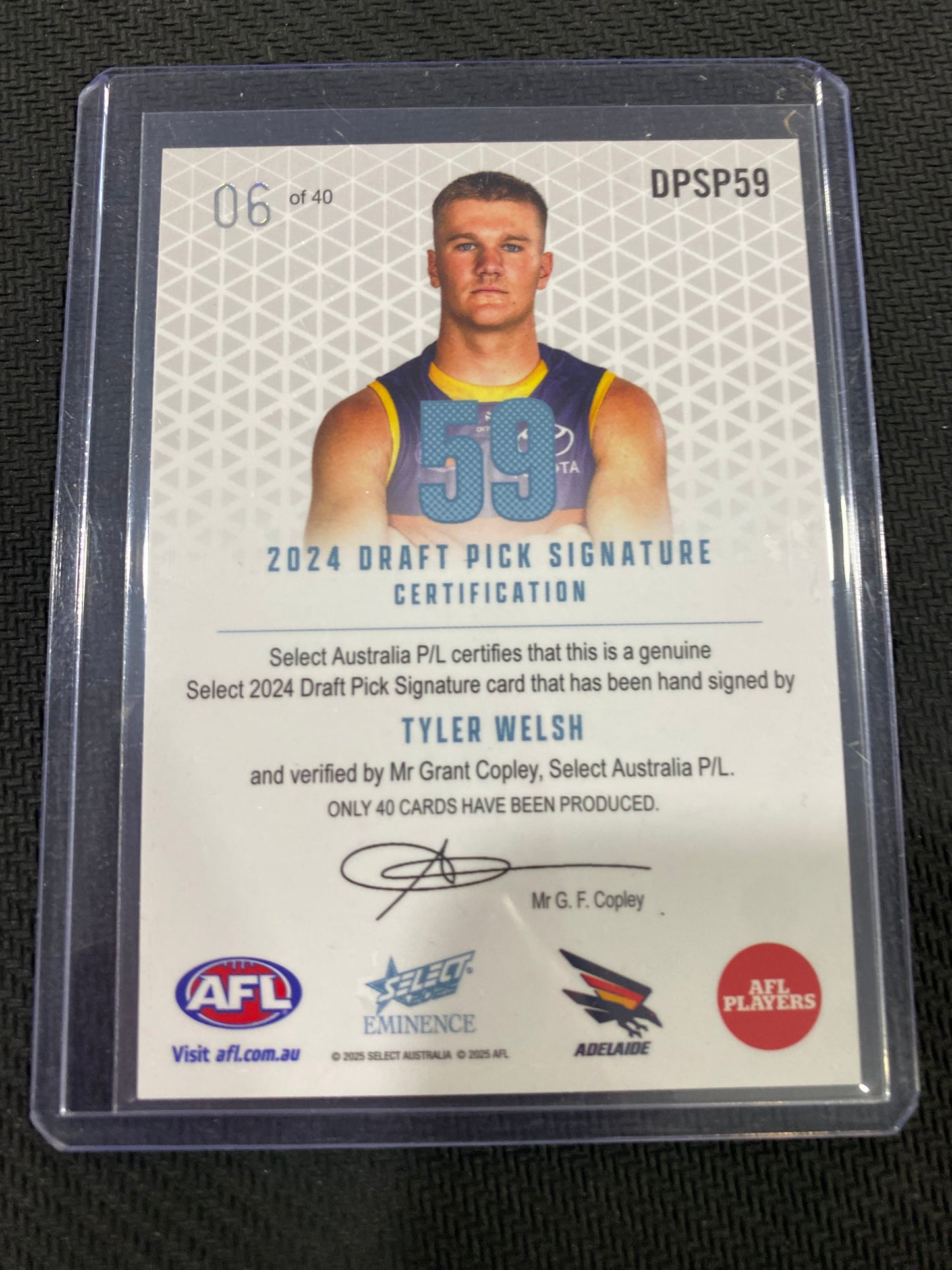 2024 AFL Select Eminence - Tyler Walsh - Draft Pick Signature Platinum 06/40