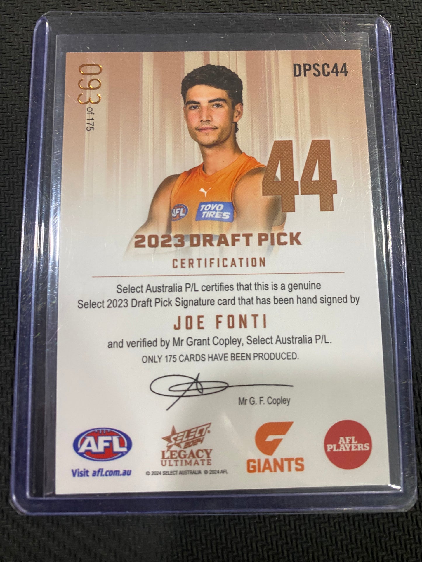 2024 AFL Select Legacy Ultimate - Joe Fonti - Draft Pick Signature Copper 093/175