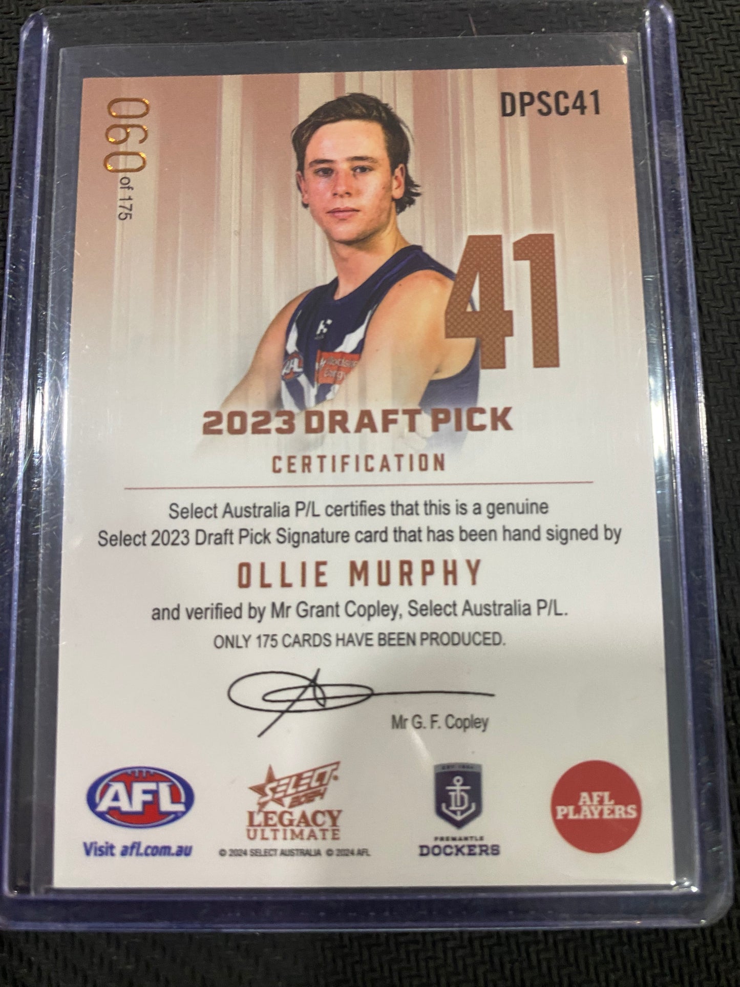 2024 AFL Select Legacy ultimate - Ollie Murphy - Draft Pick Signature Copper 060/175