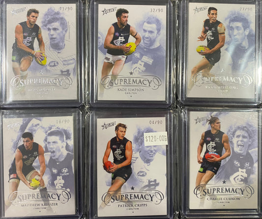2019 AFL Select Supremacy 6 Card Team Set /90 - Cripps, Curnow, Kreuzer, Weitering, Murphy and Simpson