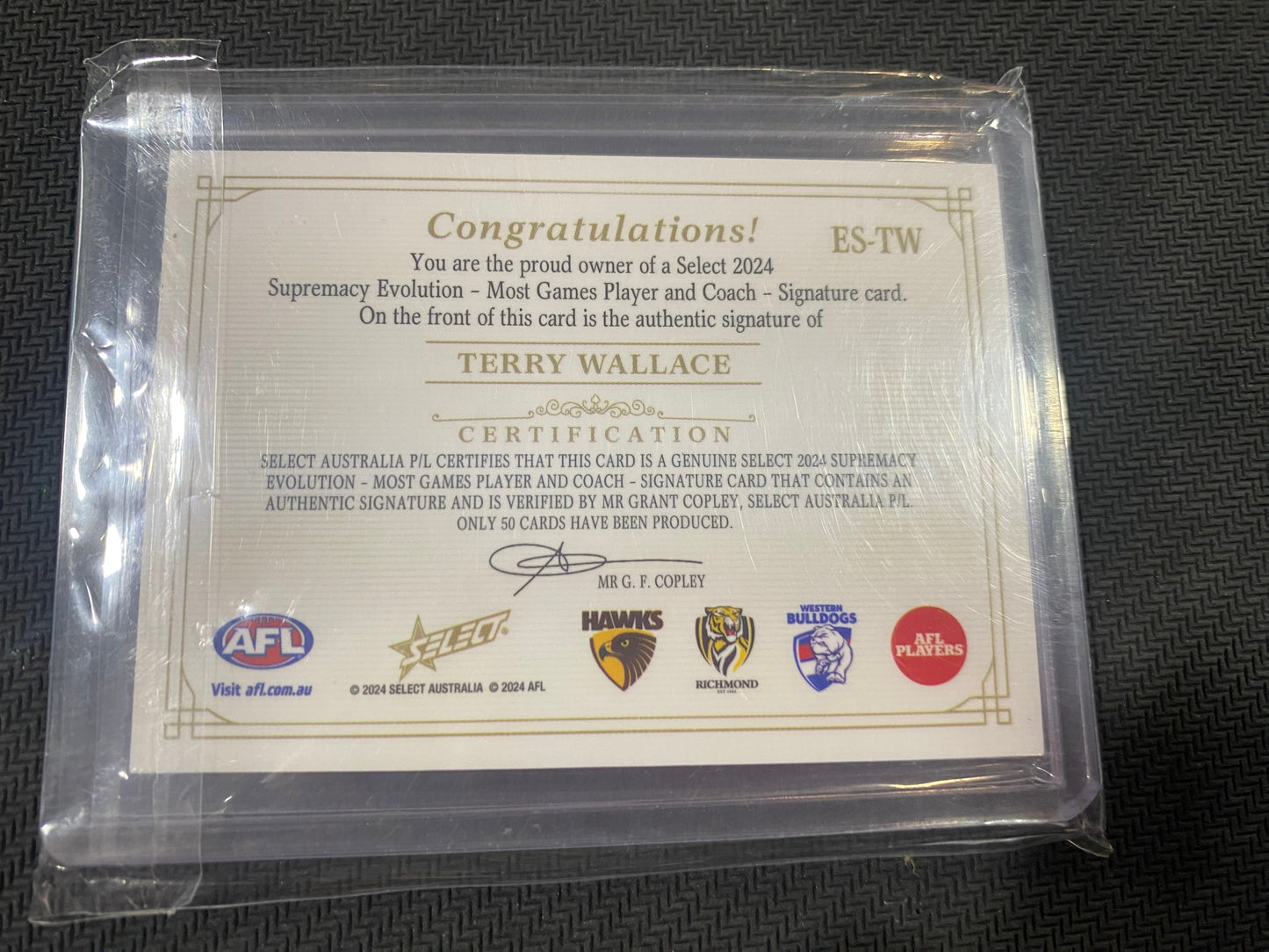 2024 AFL Select Supremacy - Terry Wallace - Evolution Player to Coach Signature 09/50