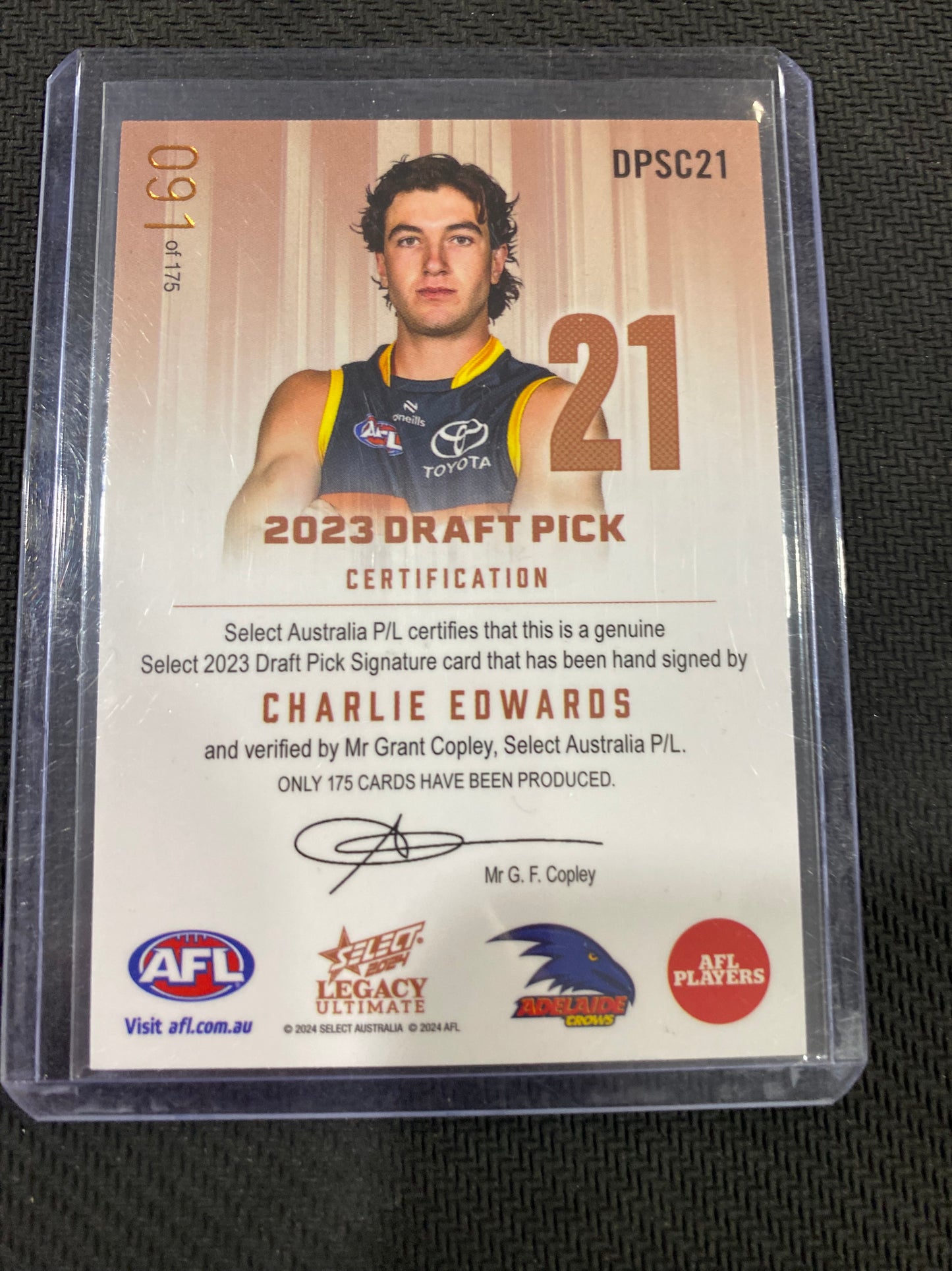 2024 AFL Select Legacy Ultimate - Charlie Edwards - Draft Pick Signature Copper 091/175