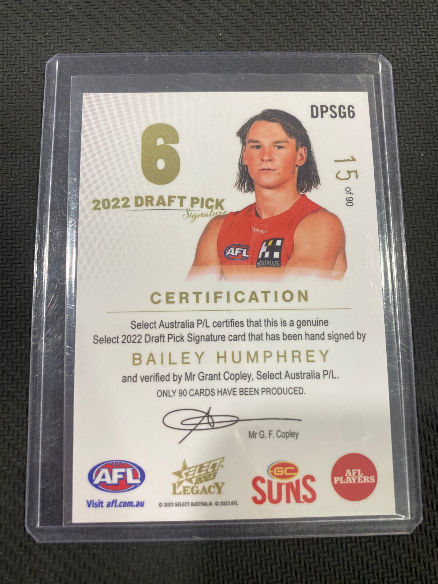 2023 AFL Select Legacy - Bailey Humphrey - Draft Pick Signatures Gold 15/90