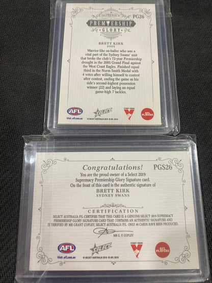 2019 AFL Select Supremacy - Bundle - Brett Kirk - Premiership Glory Insert 13/40 & Premiership Glory Signature 19/40