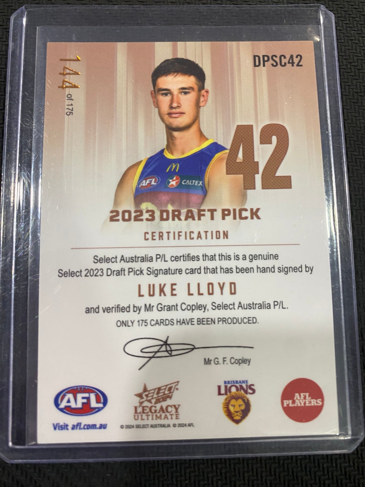 2024 AFL Select Legacy Ultimate - Luke Lloyd - Draft Pick Signature Copper 144/175