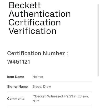 The highlighted item is a New Orleans Saints "Flash" Alternate Football Helmet, hand-signed by legendary quarterback and future Hall of Famer Drew Brees - Beckett Witnessed Authentication