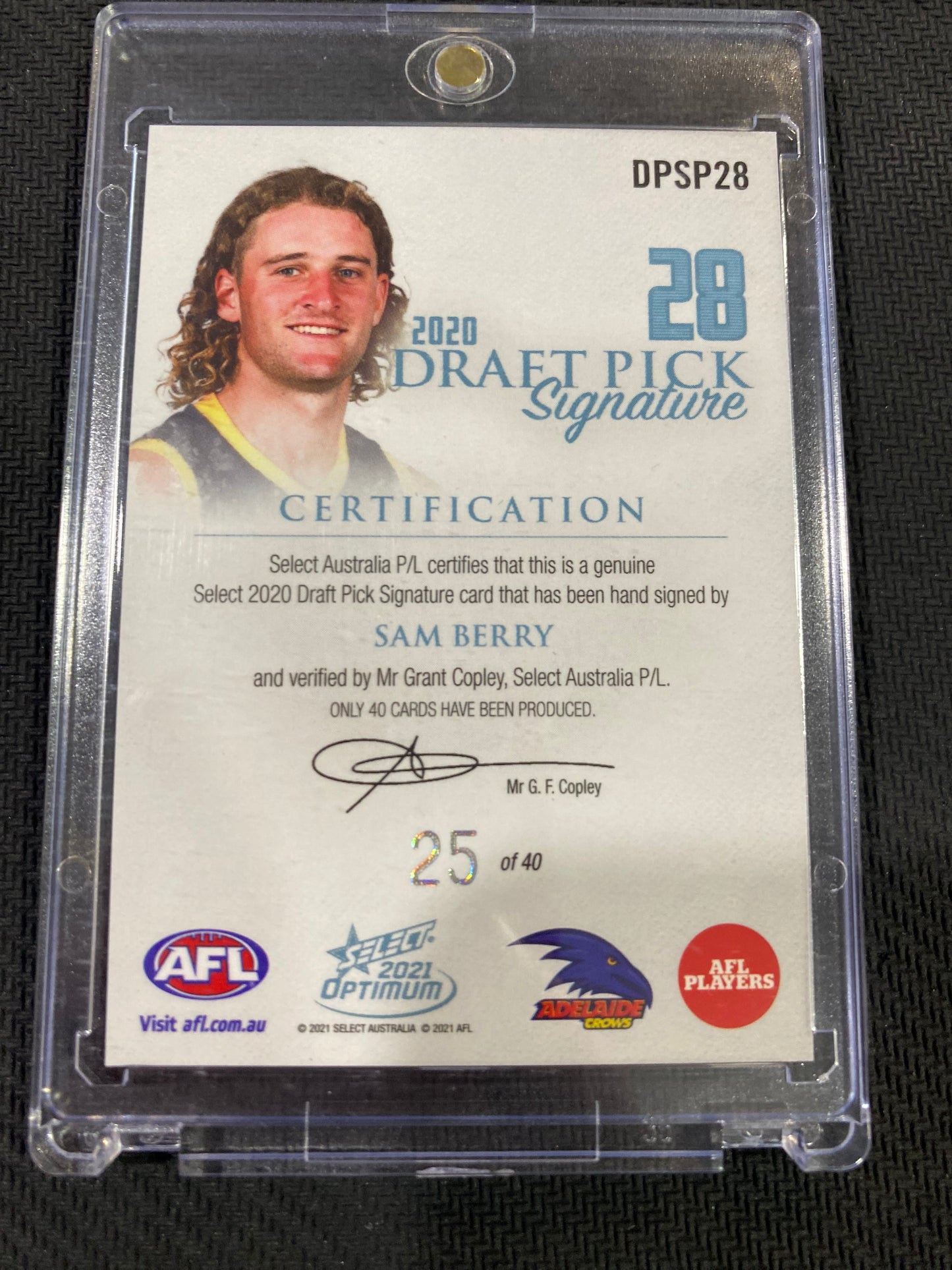 2021 AFL Select Optimum - Sam Berry - Draft Pick Signature Platinum 25/40