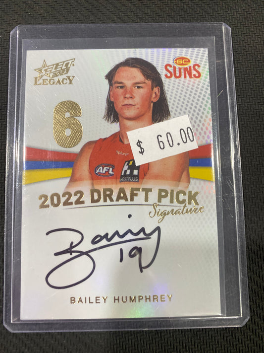 2023 AFL Select Legacy - Bailey Humphrey - Draft Pick Signatures Gold 15/90