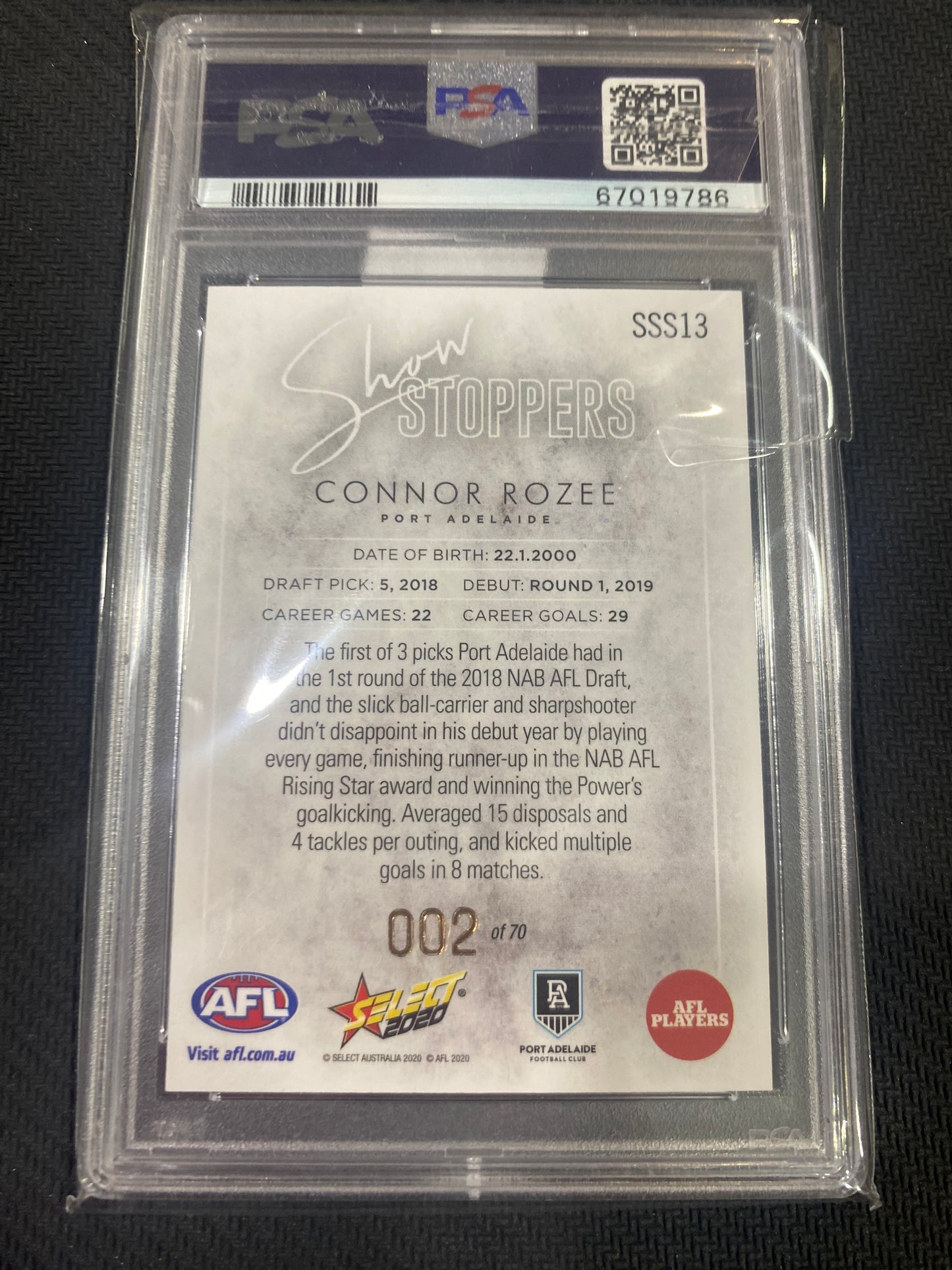 2020 AFL Select Prestige - Connor Rozee - PSA 9 - Show stoppers 002/70