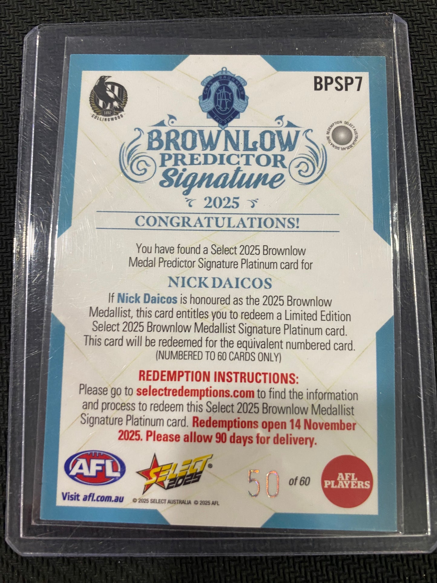 2025 AFL Select - Nick Daicos - Brownlow Predictor Signature Platinum 50/60