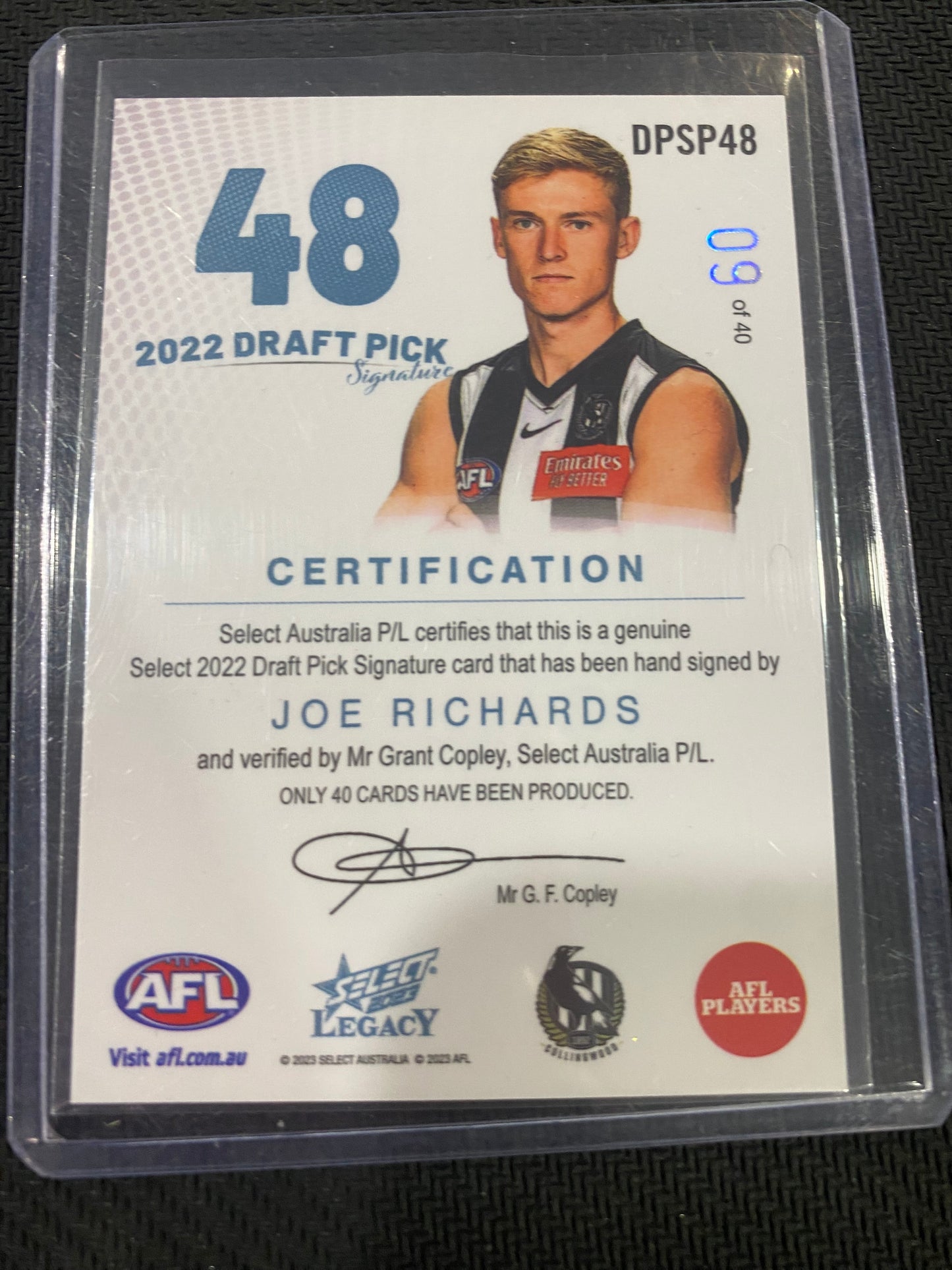 2023 AFL Select Legacy - Joe Richards - Draft Pick Signature Platinum 09/40