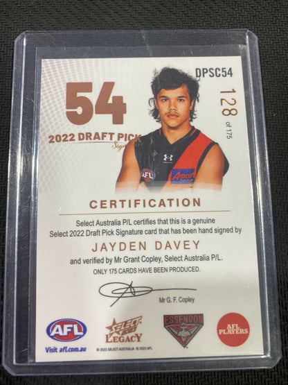 2023 AFL Select Legacy Ultimate - Jayden Davey - Draft Pick Signature Copper 128/175