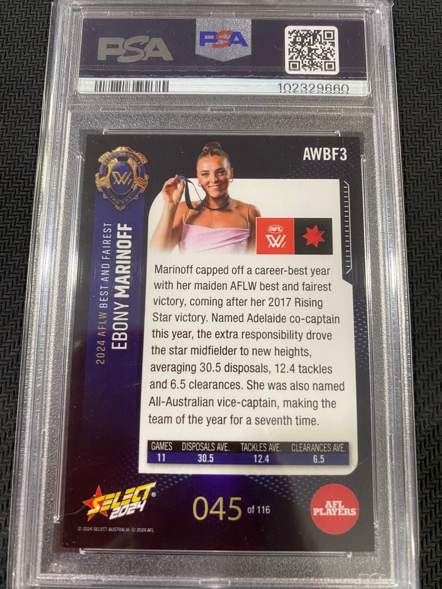 2024 AFLW Select - Ebony Marinoff - PSA 9 - Hilites/Rising Stars & Best and Fairest 45/116