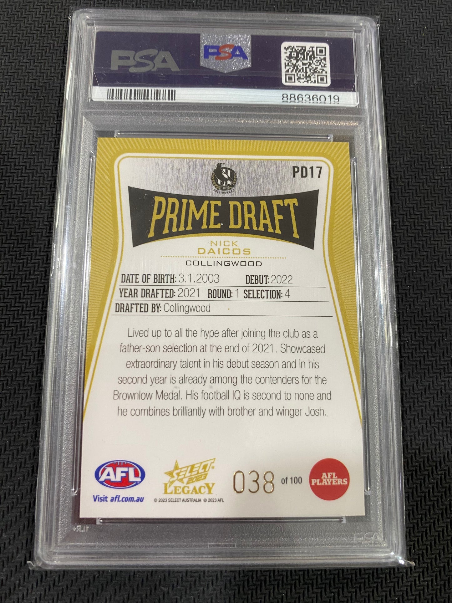 2023 AFL Select - Nick Daicos - PSA 9 - Prime Draft 38/100