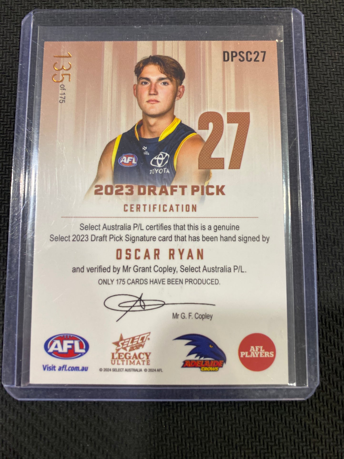 2024 AFL Select Legacy Ultimate - Oscar Ryan - Draft Pick Signature Copper 135/175