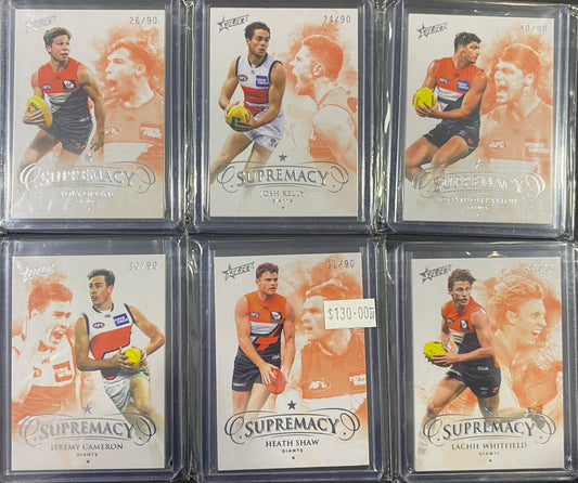 2019 AFL Select Supremacy 6 Card Team Set /90 - Shaw, Patton, Kelly, Whitfield, Cameron and Greene
