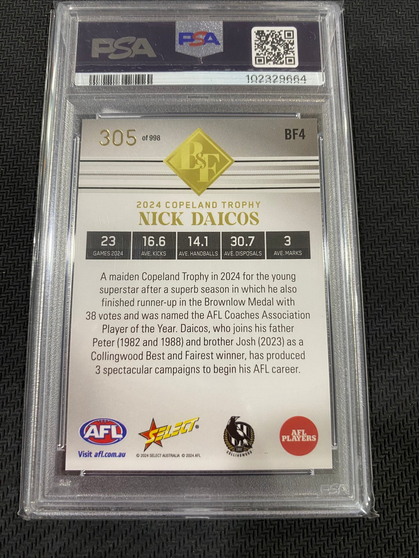 2024 AFL Select - Nick Daicos - PSA 10 - Club Best & Fairest 305/998