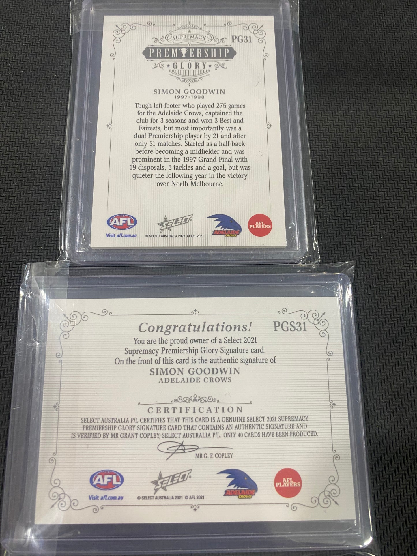 2021 AFL Select Supremacy - Bundle - Simon Goodwin - Premiership Glory Insert 05/40 & Premiership Glory Signature 12/40