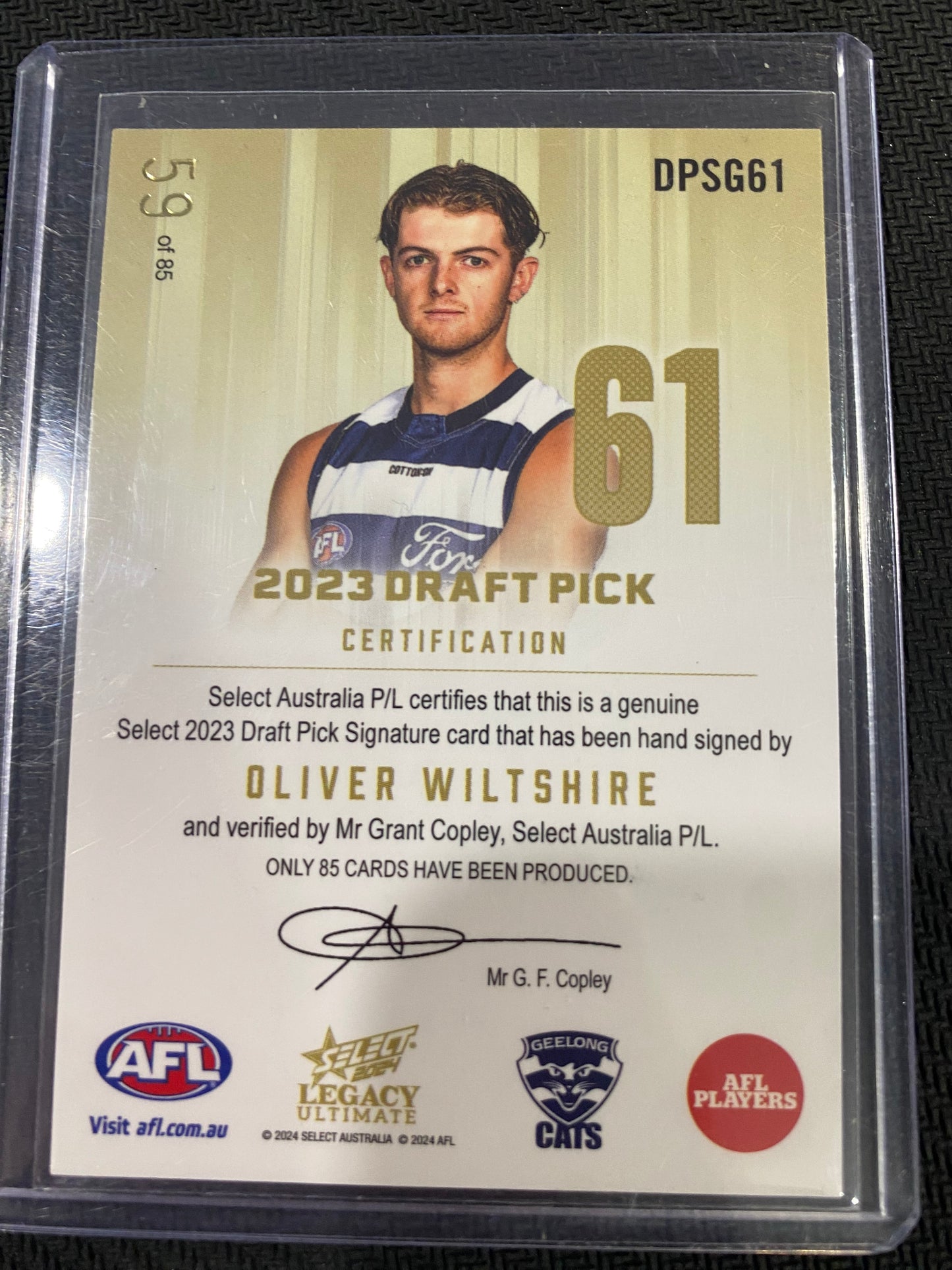 2024 AFL Select Legacy Ultimate - Oliver Wiltshire - Draft Pick Signature Gold 59/85