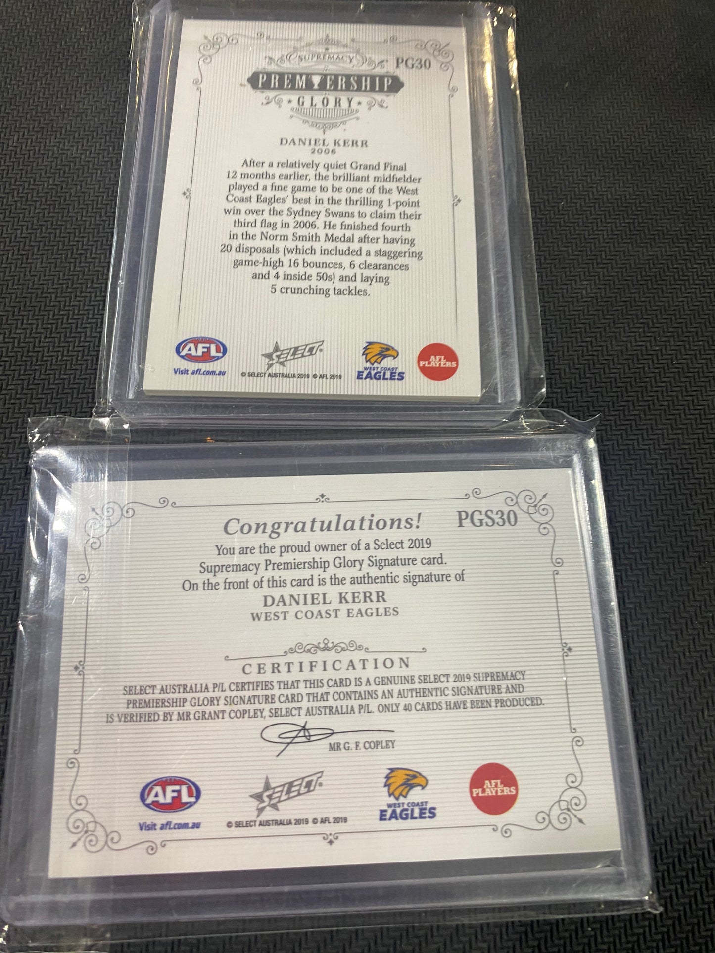 2019 AFL Select Supremacy - Bundle - Daniel Kerr - Premiership Glory Insert 02/40 & Premiership Glory Signature 02/40